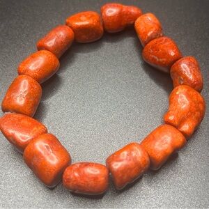 bamboo coral vintage chunky bead stretch bracelet red orange organic nugget bead